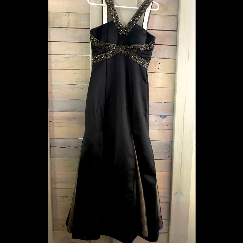 Beautiful Classy Custom PROM FORMAL Black w Gold floor length gown sz 5 - 7